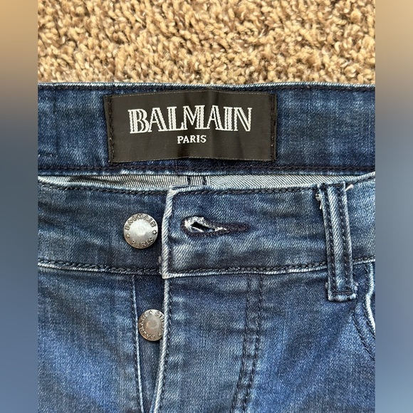 AUTHENTIC BALMAIN PARIS Distressed Ribbed Biker Dark Wash Jeans Size 30 - Picture 2 of 6